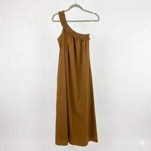 Bird & Knoll One Shoulder Smocked Cotton Maxi Dress Tobacco Brown Size S